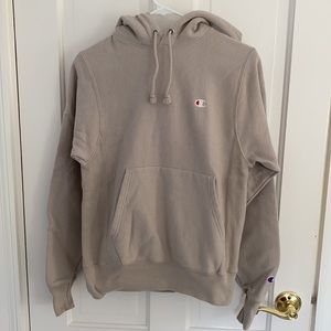 Champion Classic Logo Patch Pullover Hoodie in Tan